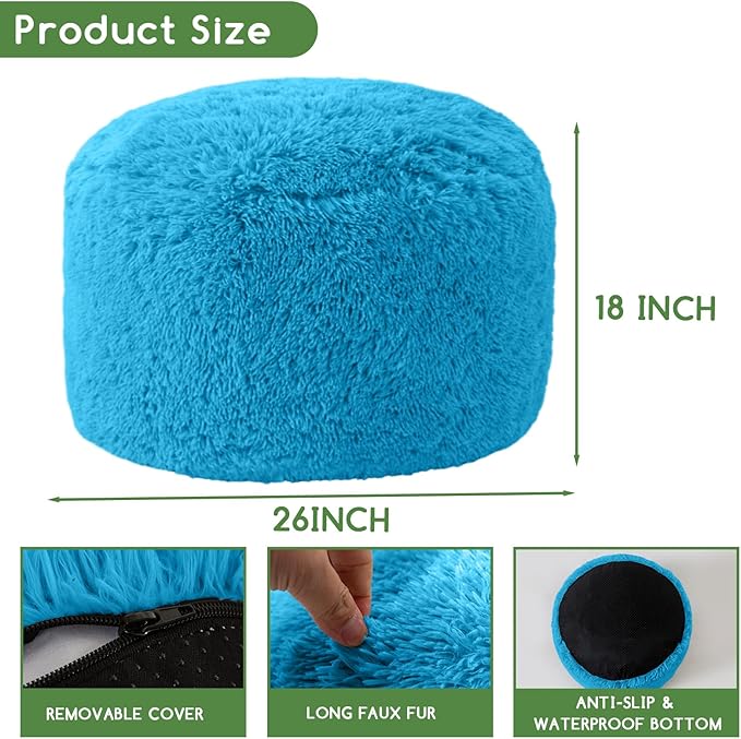 HIGOGOGO Round Stuffed Pouf Ottoman, Long Faux Fur Poufs - Image 2