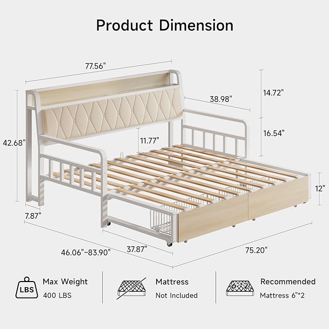ONBRILL Twin Daybed with Trundle, Twin to King Daybed with Pop up Trundle - Image 2
