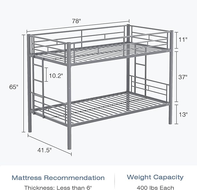 VECELO Bunk Bed Twin Over Twin, Metal Bunkbeds - Image 2