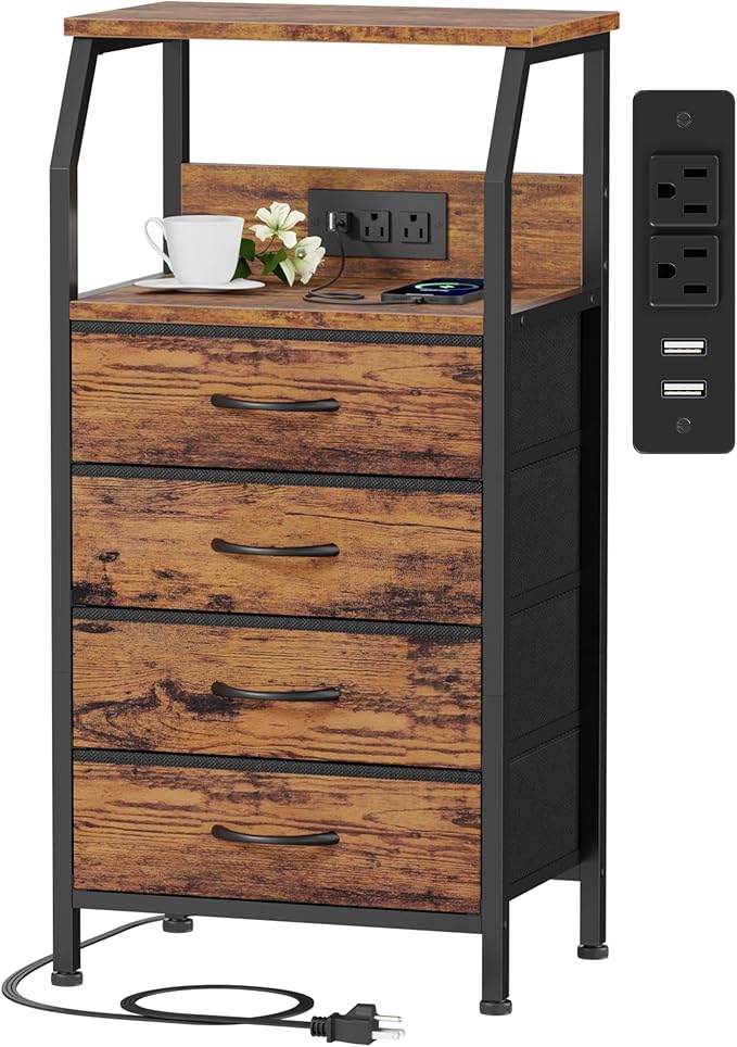 Furnulem Night Stand with Charging Station, Small Dresser with 4 Fabric Drawers by Furnulem