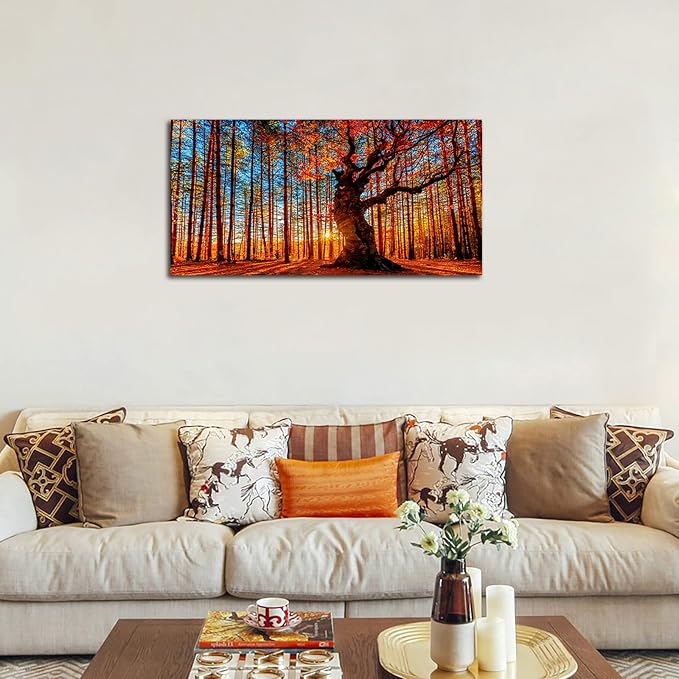 Large Forest Wall Art Forest Sunset Canvas Pictures Red Leaf Trees Landscape - Image 4