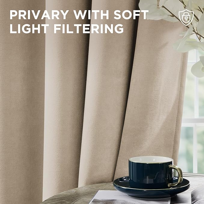 Joydeco Latte Coffee Velvet Curtains 108 Inches 2 Panels, Luxury Thermal - Image 6