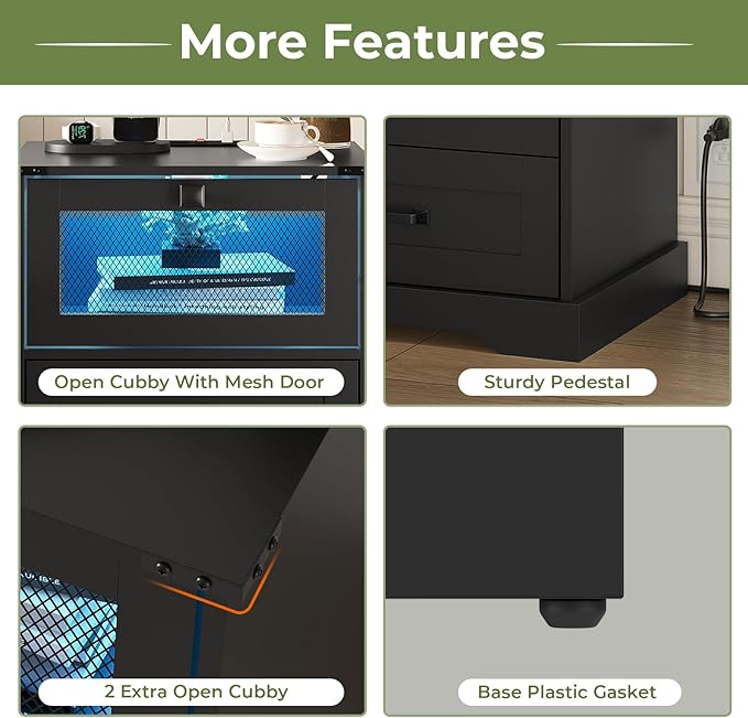 Hasuit Night Stand with Charging Station and LED Lights, Farmhouse Nightstand - Image 5