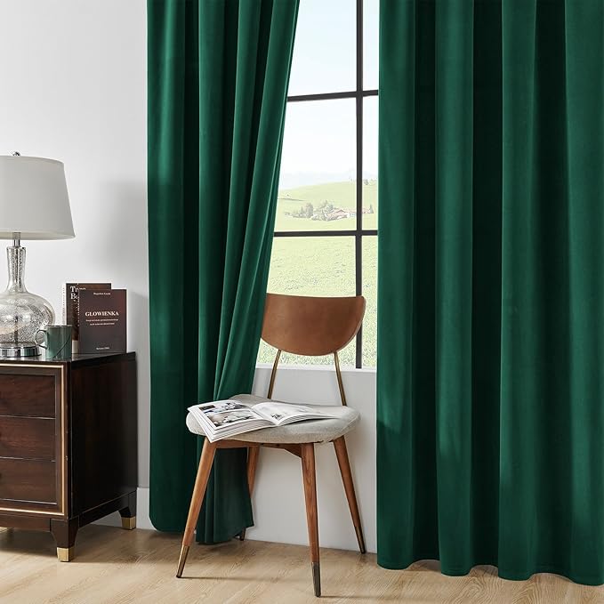 Joydeco Dark Green Velvet Curtains 63 Inches Long, Luxury Grommet Blackout - Image 8