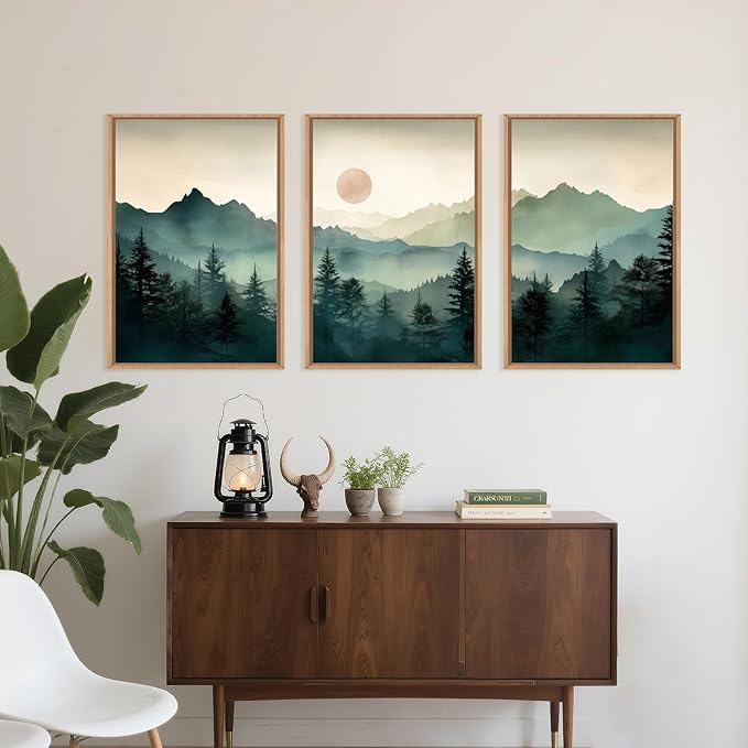 LHIUEM Large Boho Mountain Framed Wall Art Set, Abstract Nature Sunrise Artwork - Image 4