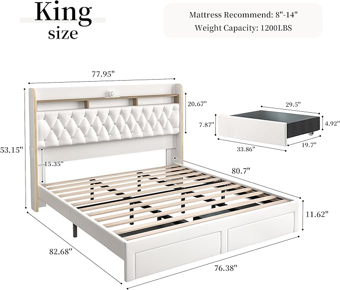 King LED Bed Frame with 2 Storage Drawers, PU Upholstered Platform Beds with - Image 2