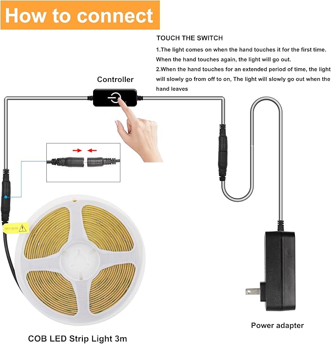 COB LED Strip, LED Strip Lights 5M/16.4ft, Touch Dimmable LED Strips, 2700K - Image 3