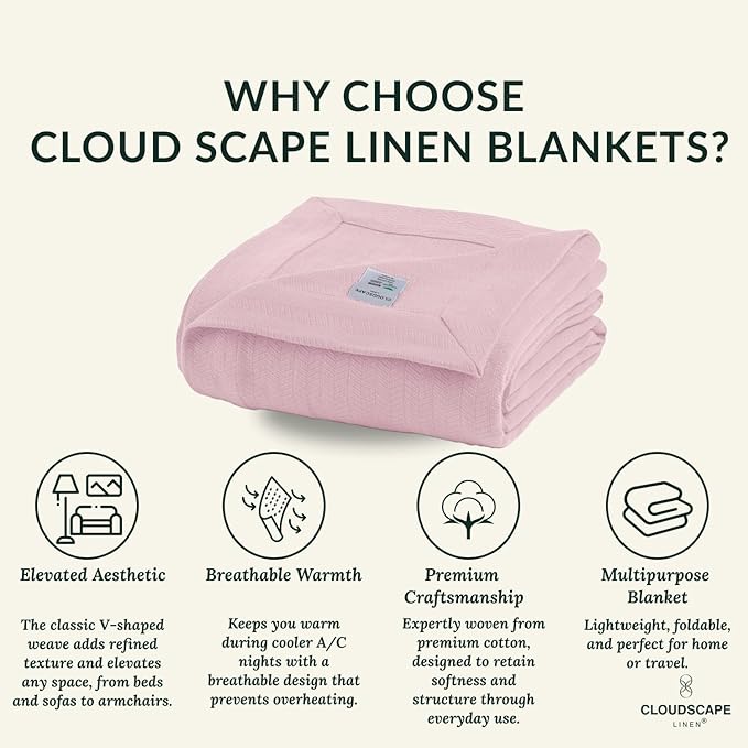 Cloud Scape Linen 100% Cotton Blanket King 92x108 Seashell Pink- Cozy - Image 3