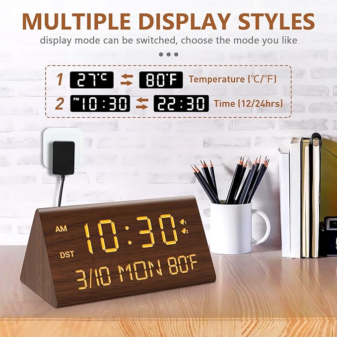 Kogonee Wooden Digital Alarm Clock, 0-100% Dimmer, 2 Alarm Settings, - Image 6