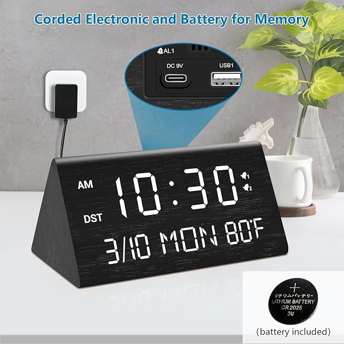 Kogonee Wooden Digital Alarm Clock, 0-100% Dimmer, 2 Alarm Settings, - Image 2