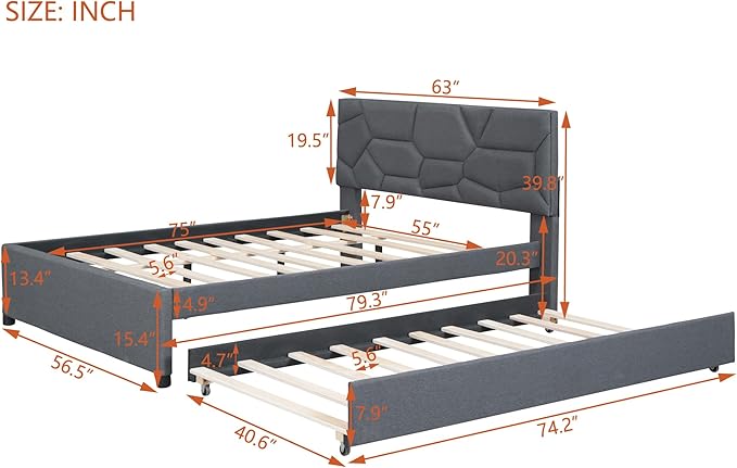 Full Size Bed Frame with Twin Size Trundle, Linen Upholstered Platform Bed - Image 2