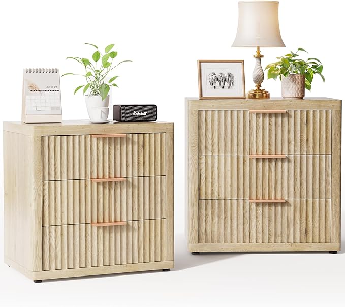 Night Stand with 3 Drawers, Fluted Bed Side End Table with Metal Handle by LOOMORA