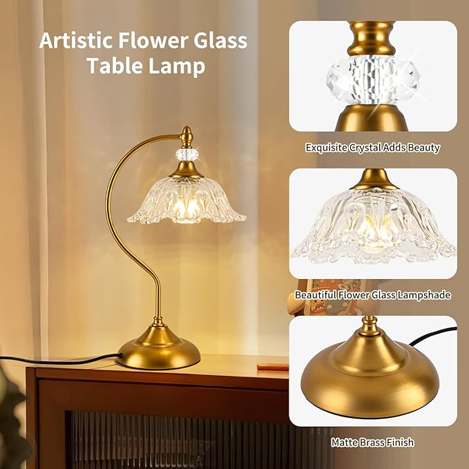 Vintage Table Lamp with a Floral Clear Glass Shade, A Plug-in Nightstand Lamp - Image 3