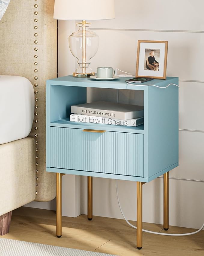 Masupu Nightstand with Charging Station, Mid-Century Modern Bedside Table with by Masupu