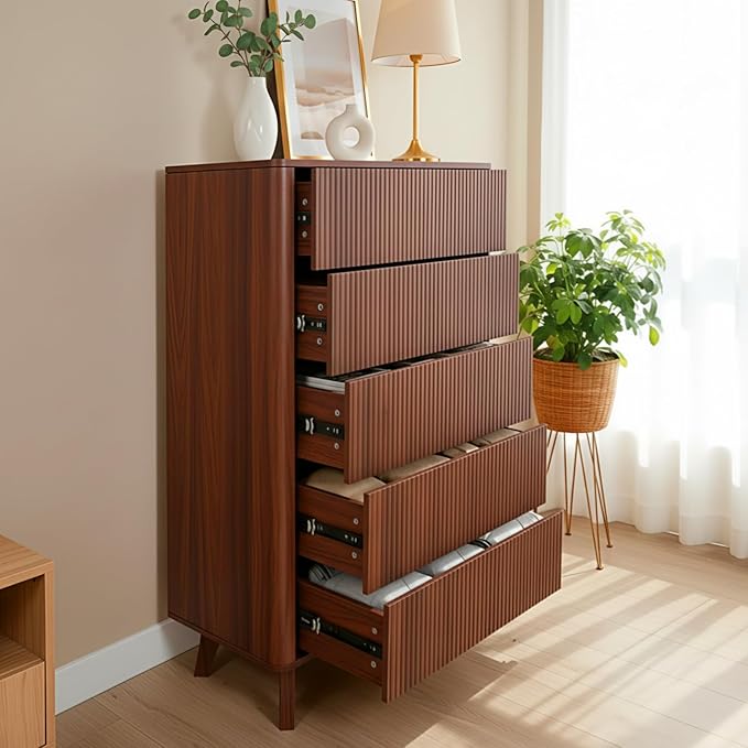 Fluted 5 Drawers Dresser for Bedroom, Curved Profile Design, Wood Drawer - Image 8