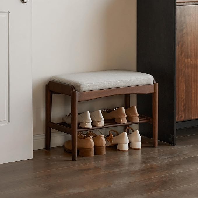 Black Walnut Shoe Bench Assembled, Solid Wood Shoe Rack Bench by Vadisun