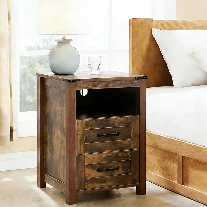 Brown Rustic Night Stand Set of 2, Farmhouse End Table, Modern Bedside Table - Image 2