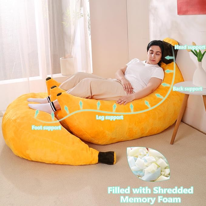Banana Bean Bag Chair with Ottoman, Floor Sofa Bed with Footrest, Comfy - Image 3