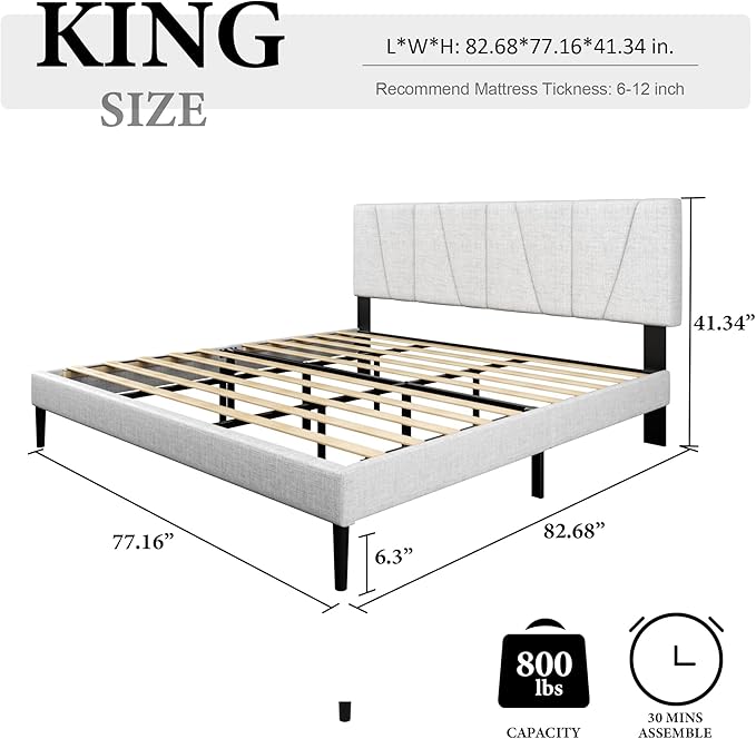 King Size Bed Frame with Fabric Upholstered Headboard, Platform Bed with Wooden - Image 2