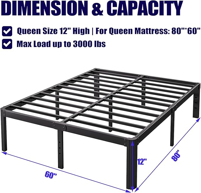 Hunlostten 12" High Queen Bed Frame No Box Spring Needed, Heavy Duty Metal - Image 2