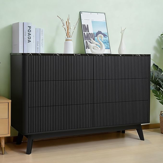 Fluted 6 Drawers Dresser for Bedroom, Wooden Dresser TV Stand, Wood Drawer - Image 4