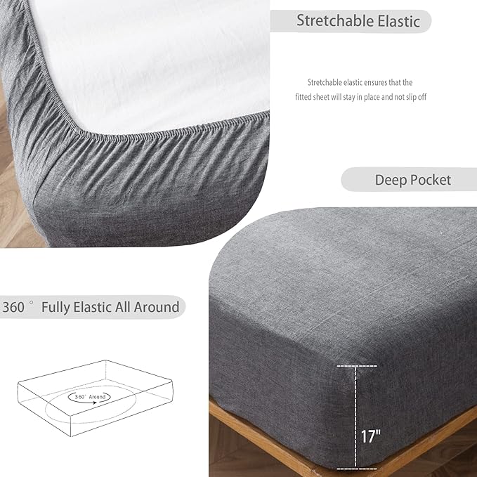 MooMee Fitted Bottom Sheet Only 100% Washed Cotton Linen Like Textured - Image 4