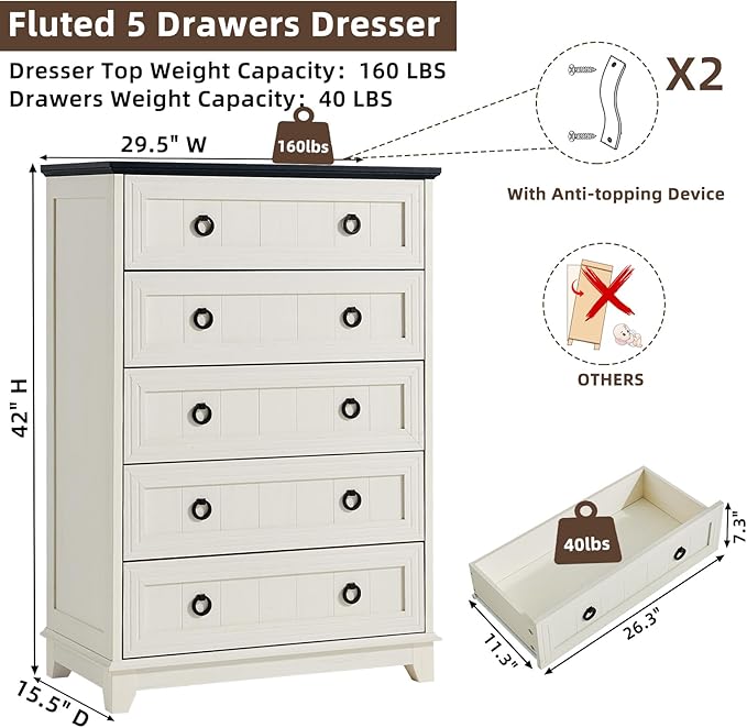 Farmhouse 5 Drawer Dresser for Bedroom, Rustic Wood Dresser - Image 2
