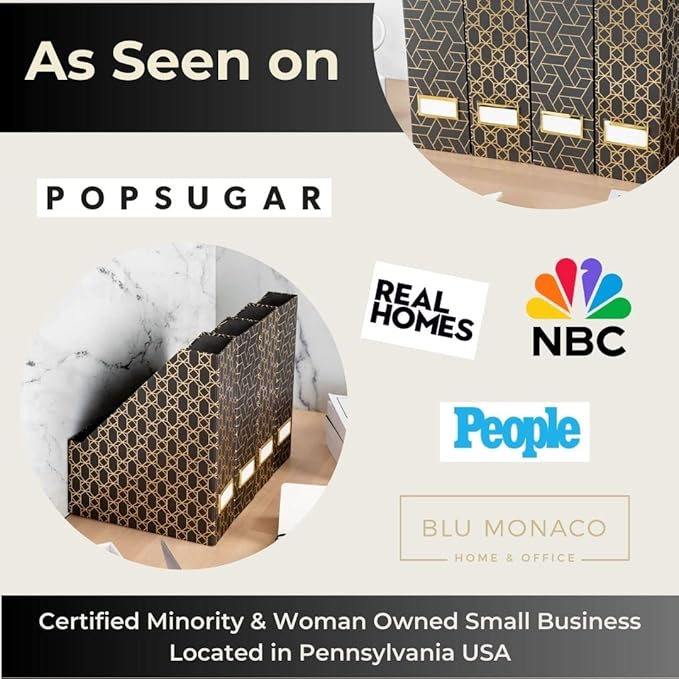 BLU MONACO | Set of 4 Black & Gold Geometric Magazine File Holders - Image 3