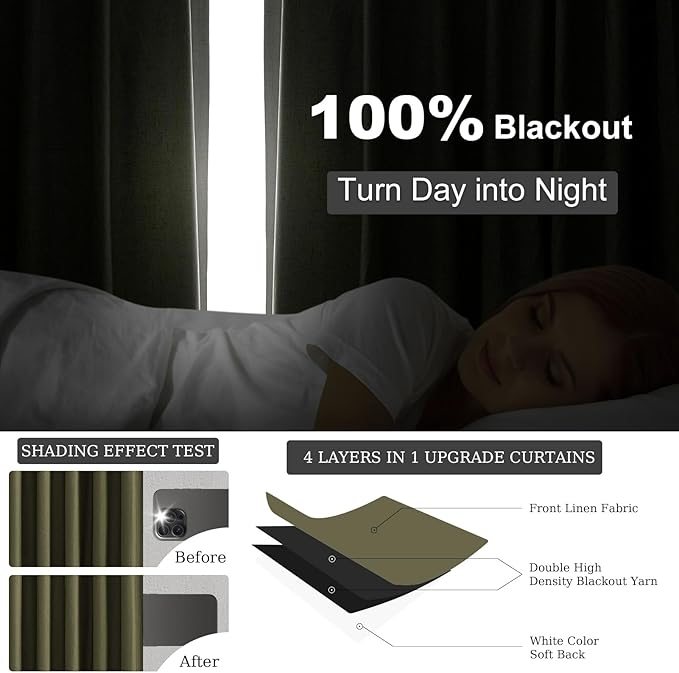 Topfinel Olive Green 105 Inches Long Custom Black Out Faux Thick Linen Curtains - Image 3