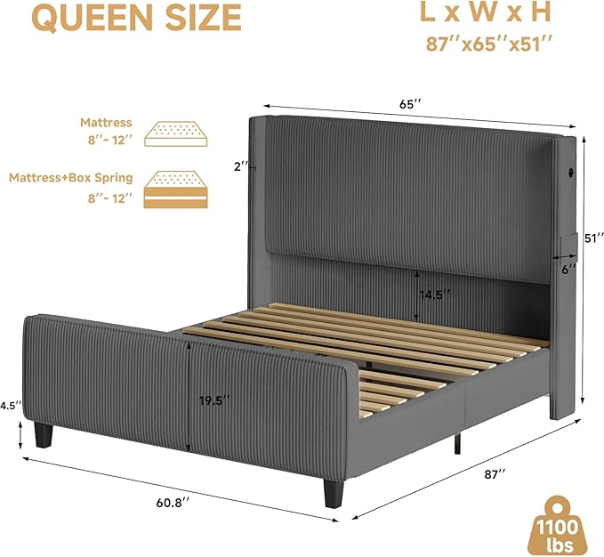 Queen Size Bed Frame with Headboard, Upholstered Platform Bed with Tall - Image 2