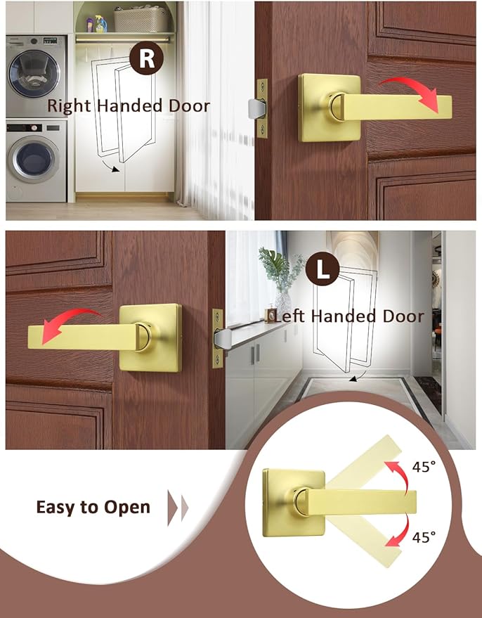 Mengico 6 Pack Passage Door Levers Gold Finish, No-Locking Keyless Square Door - Image 4