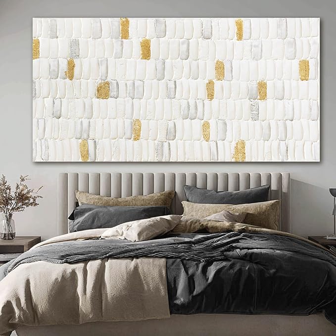 YETHEN WAL White and Gold Textured Wall Art 29x58, Hand-Painted Neutral - Image 4