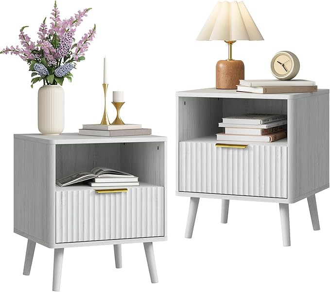 CARPETNAL Fluted Nightstand Set of 2, Wood End Table Mid Century Night Stands by CARPETNAL