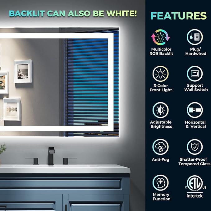 YEELAIT 60x36 Inch RGB LED Bathroom Mirror Front Light and RGB Backlit Lighted - Image 2