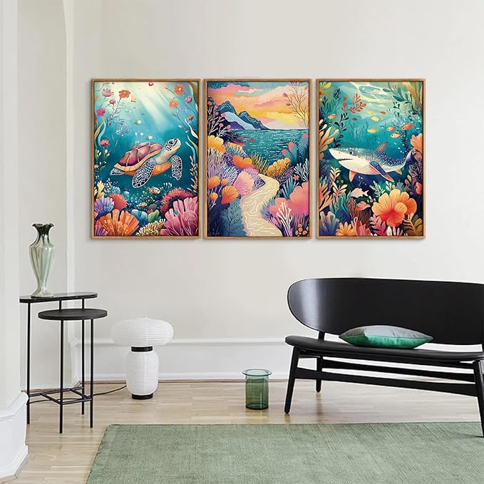 YeeHomedec Large Watercolor Ocean Themed Framed Canvas Wall Art, Sea Turtle - Image 5