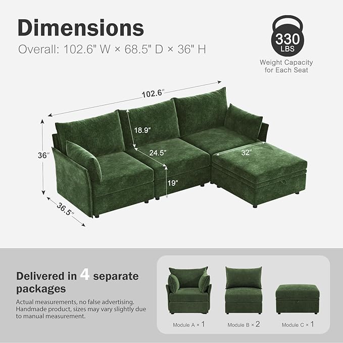 ABCASA 102.6" Modular Sectional Sofa, L Shaped Couch Set - Image 2