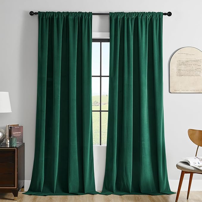 Joydeco Dark Green Velvet Curtains 90 inch Length 2 Panels Burg Set, Luxury Rod by JOYDECO
