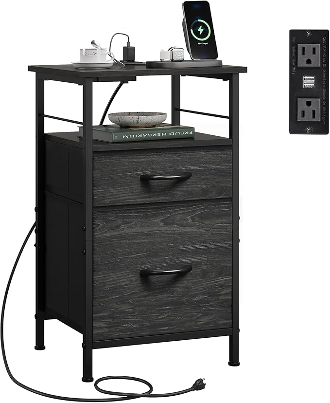 WLIVE Nightstand with Charging Station, Side Table with 2 Fabric Drawers by WLIVE