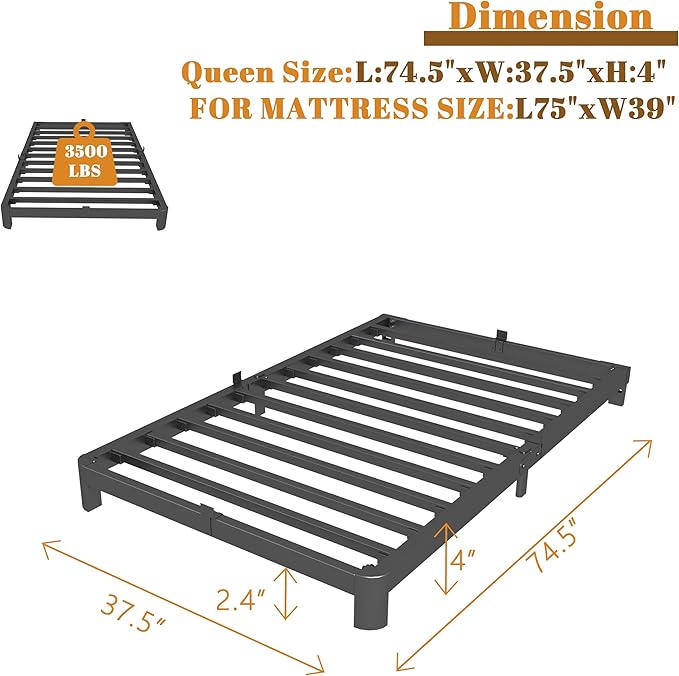 4 Inch Twin Bed Frames with Metal Baffles, Rounded Corner Legs, Heavy Duty - Image 2