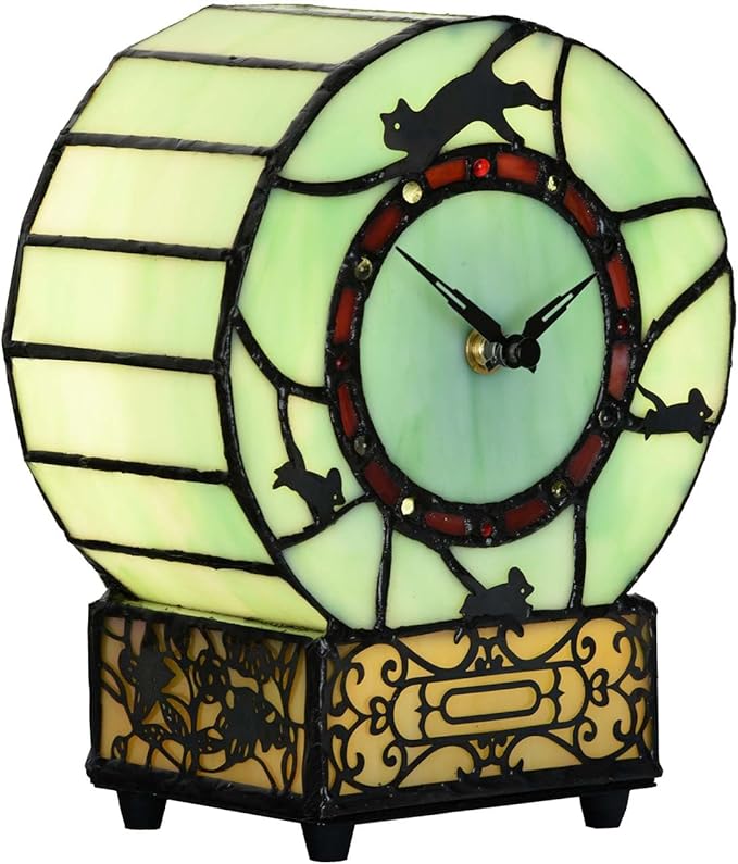 Bieye L10970 Cat and Mouse Tiffany Style Stained Glass Desk Clock Table Lamp by Bieye