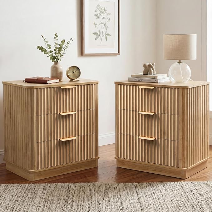 LYNCOHOME Fluted Night Stand Set of 2, Large 3 Drawer Nightand, Wood Bedside by LYNCOHOME