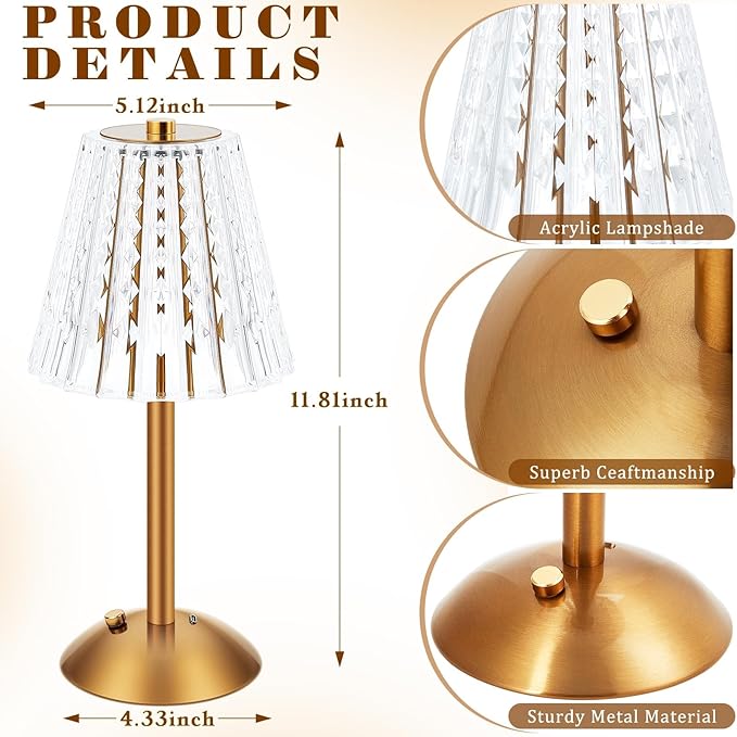 Liliful 6 Pcs Cordless Table Lamp Rechargeable Touch LED Small Gold Portable - Image 2