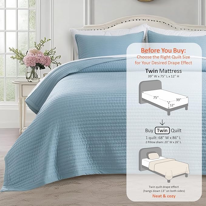 KASENTEX Twin Quilt Set 68"x86" – Soft Washed 3-Layer Lightweight Bedspread - Image 3
