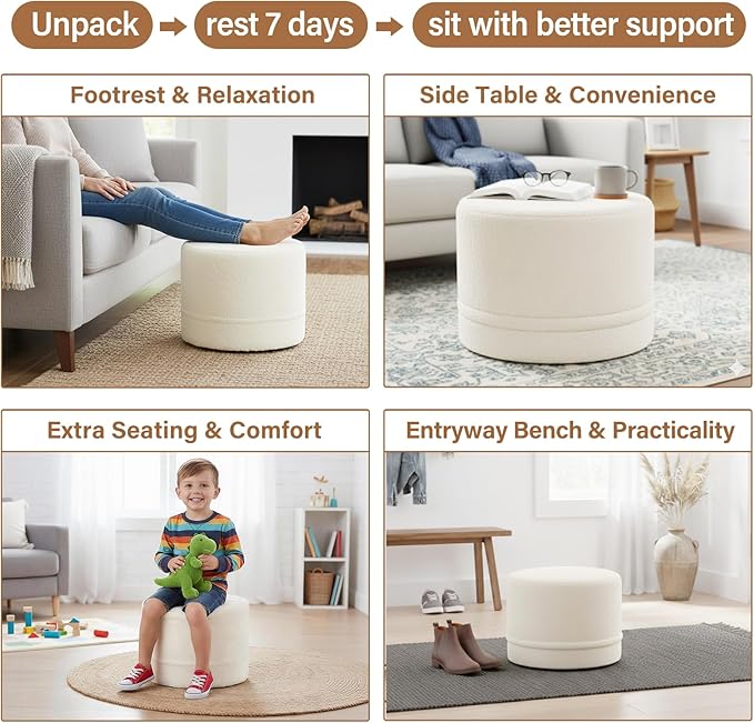 Tiita Round Stuffed Pouf Ottoman, Plush Poufs - Image 2