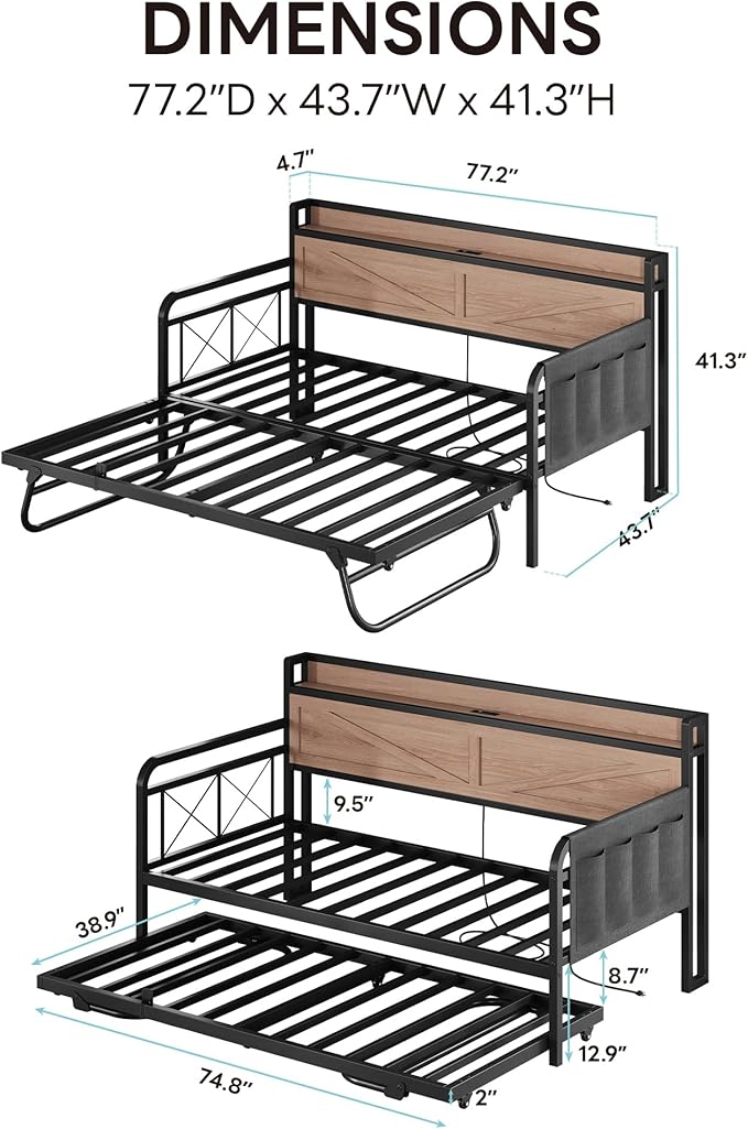 LIKIMIO Twin Daybed with Trundle Bed, Storage Headboard with Charging Station - Image 3