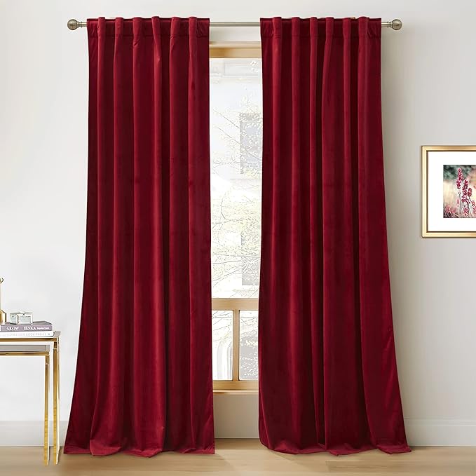 RYB HOME Red Velvet Curtains 92 inches, Back Tab Soft Fabric Room Darkening by RYBHOME