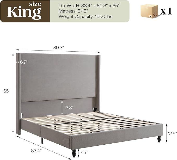 King Bed Frame with 65" Tall Headboard, Horizontal Fine Corduroy Bed Frame with - Image 2