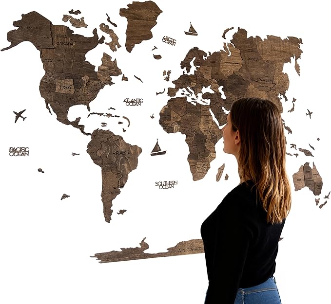 Handmade 3D Wood World Map Wall Art Large Wall Decor Track Your World Travels by Awesometik