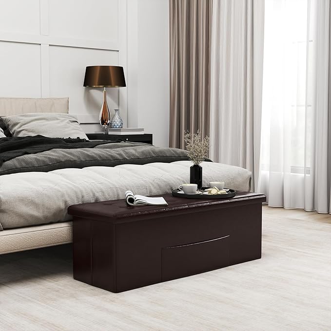 Giantex 43 Inches Folding Storage Ottoman Bench, Upholstered PU Leather Storage - Image 4