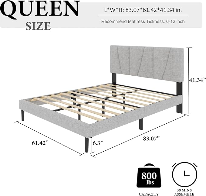 Queen Size Bed Frame with Fabric Upholstered Headboard, Platform Bed with - Image 2